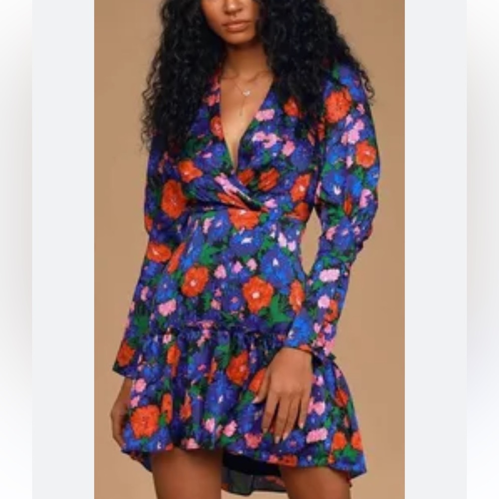 WAYF Eva Cobalt Blue Floral Dress.   Small